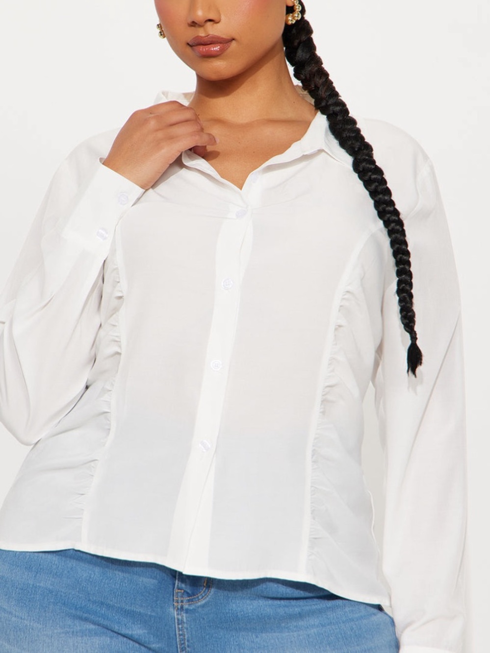 Fashion Nova White Button-Front Ruched Shirt